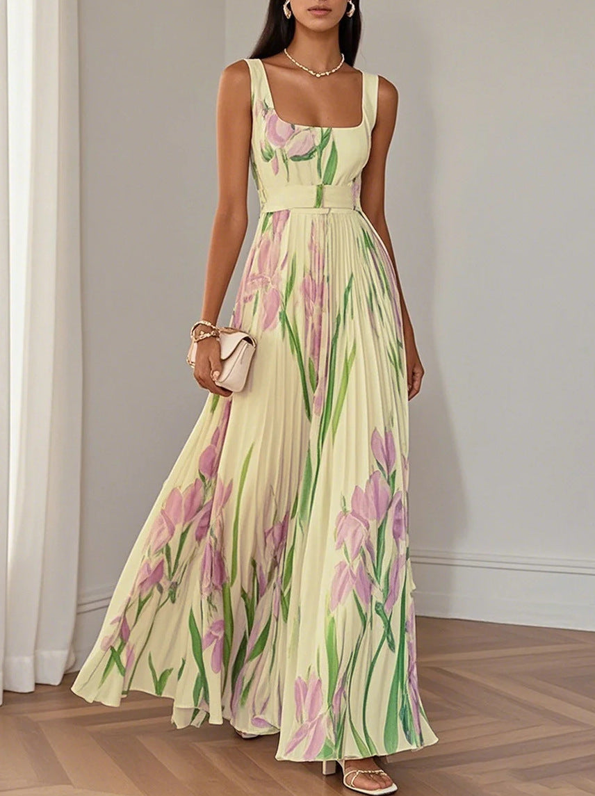 Square-neck sleeveless A-line long dress