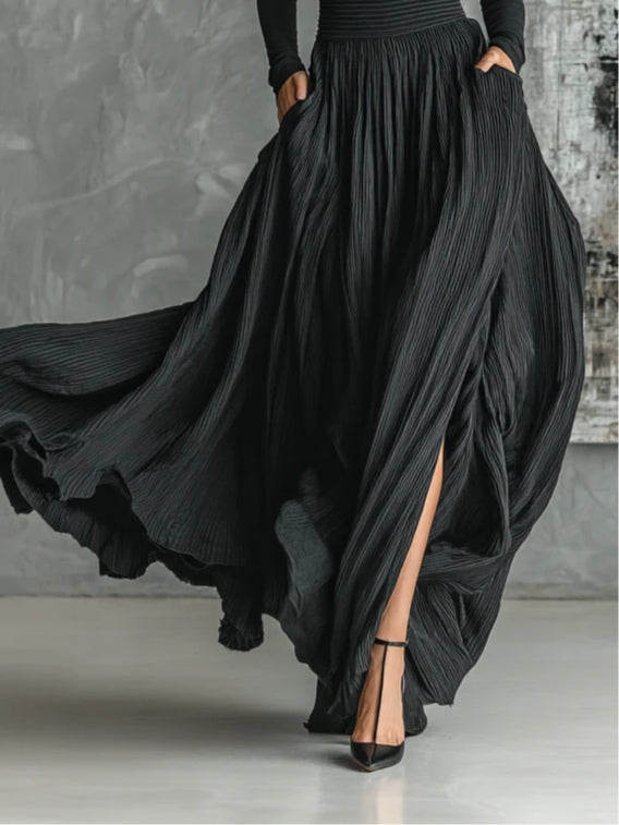 All-Black Skinny Turtleneck Top & Pleated Skirt Set